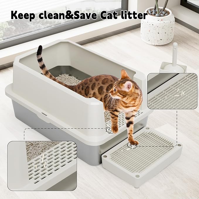 RIZZARI Stainless Steel Cat Litter Box, Semi-Closed Litter Box with High Edges, Large Odorless Litter Pan with for Small to Large Cats (Beige, 1 Pack)