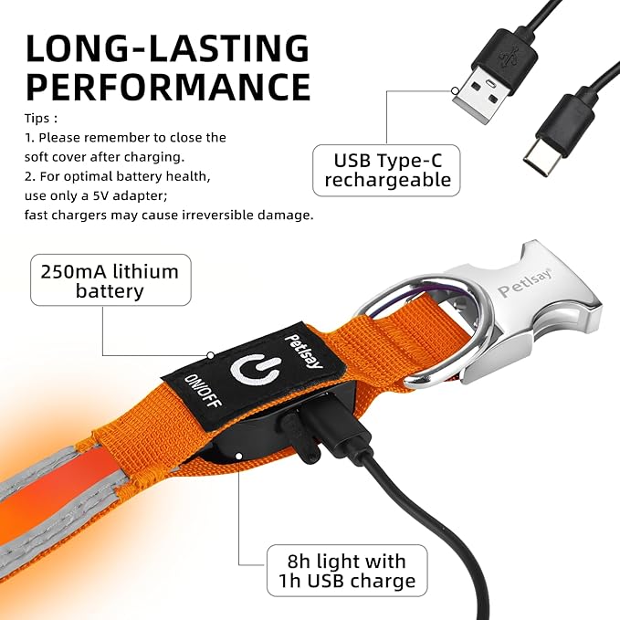 PetIsay LED Dog Collar Metal Buckle - Heavy Duty Light up Collars - Rechargeable IP68 Waterproof - Lighted Dog Collar for Night Walking, Hiking, Camping (Medium, Orange)