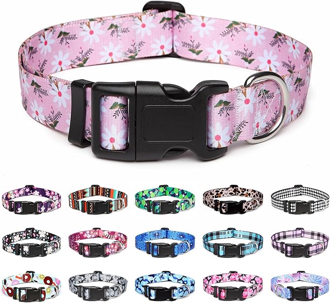 Mercano Adjustable Dog Collar - Special Design Patterns, Soft Nylon Comfortable Durable Pet Collar for Small Medium Large Dogs (M, Pink White Flower)