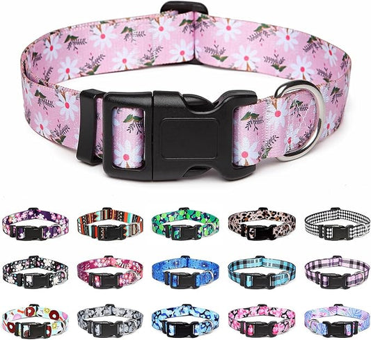 Mercano Adjustable Dog Collar - Special Design Patterns, Soft Nylon Comfortable Durable Pet Collar for Small Medium Large Dogs (S, Pink White Flower)