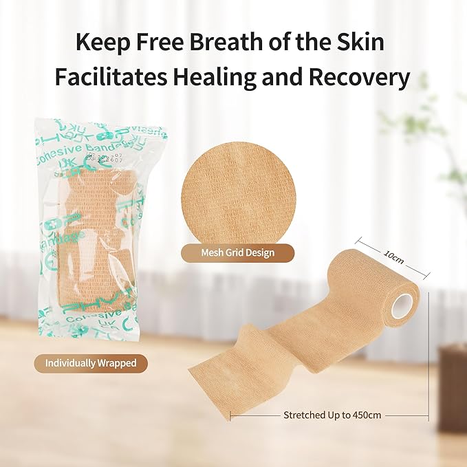 PHYTOP Self Adhesive Bandage Wrap 4 inches x 5 Yards, 12 Pack of Cohesive Tape for First Aid, Sports, Wrist and Ankle, Also for Horses & Dogs as Vet Wrap (Beige)