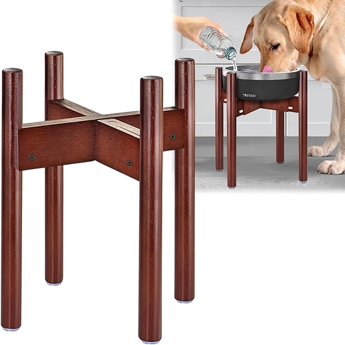 Stand for Dog Water/Food Bowl, Fountain Dishes and Feeders - Makes 14-inch High, Ideal for Large Breeds - Adjustable Sideways with Lock, Dark Wood - Bowls Not Included