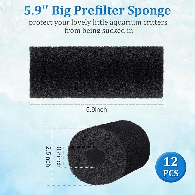 12 Pack 5.9'' Big Pre-Filter Sponge Foam Replacement Filtration Kit for Aquarium, 0.8" Intake Shrimp Fry Fish Tank Filter, Replacement Foam Cover