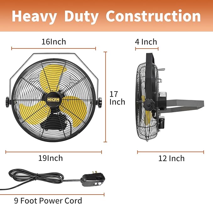 HiCFM 2600 CFM 14 inch Outdoor Wall Mount Fan, 3-Speed High Velocity Weatherproof Wall-Mounted Fans with IP44 Motor and Manual GFCI Plug for Patios, Greenhouse, and Gazebo - UL Listed