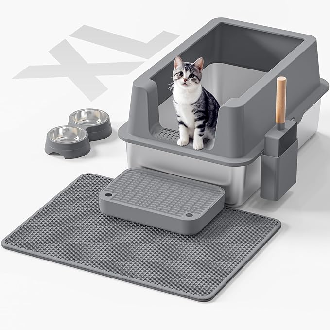 Stainless Steel Cat Litter Box - Enclosed XL Metal Kitty Litter Box with Lid for Big Cats, High Sided, Anti-Leakage, Easy Cleaning, Non-Sticky, Included Litter Mat, Cat Bowl & Spoon