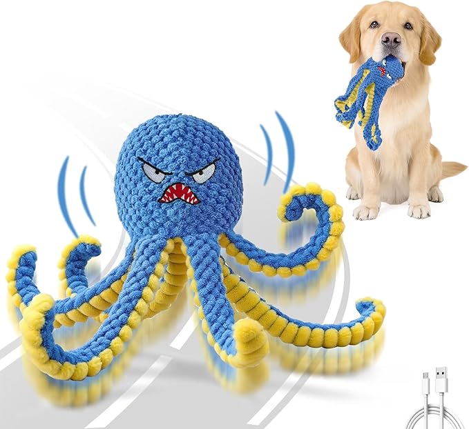 Interactive Dog Toys Octopus,Durable Automatic Jumping Dog Toy to Keep Them Busy,Squeaky Moving Tug of War Doggie Toy,USB Rechargeable Puppy Toys (Blue)