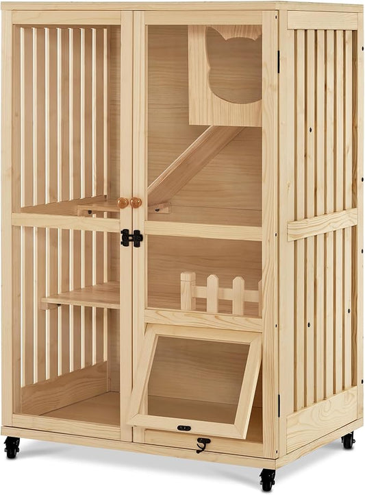 MCombo Wooden Cat Houses for Indoor Cats, Luxury Kitten House with Scratching Pad, Lockable Doors, Wheels, CT090