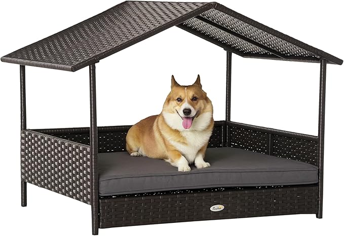 PawHut Wicker Dog House Outdoor with Canopy, Rattan Dog Bed with Water-Resistant Cushion, Raised Dog Bed for Small, Medium Dogs up to 66 lbs, 19.75" in Length, Brown Wicker, Gray Cushion