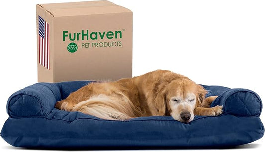 Furhaven Pillow Dog Bed for Large Dogs w/ Removable Bolsters & Washable Cover - Quilted Sofa - Navy (Blue), Jumbo/XL