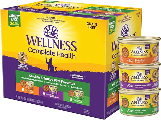 Wellness Complete Health Pate Adult Wet Cat Food, Natural, Protein-Rich, Grain-Free, 3 Ounce, 24 Pack, (Chicken & Turkey Variety Pack)