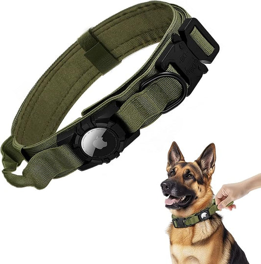 Tactical AirTag Dog Collar - Heavy Duty, Adjustable GPS Collar Compatible with Apple AirTag, with Holder & Control Handle for Medium/Large Dogs [ Green, XL ]