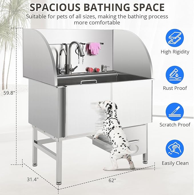 Professional Dog Grooming Tub, 62" Stainless Steel Dog Wash Station with Foldable Ramp, Storage Drawer, Floor Grate & Faucet/Dog Bathtub for Large, Medium & Small Pets - Right Door (62")