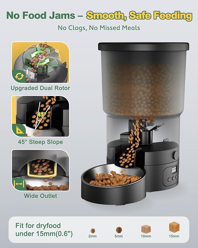 Gimars 5L Automatic Cat Feeder for 2 Cats, Programmable 1-6 Meals Cat Food Dispenser with Stainless Steel Bowl, Easy Setup, Dual Power Supply,10s Meal Call Timed Pet Feeder for Cats and Small Dogs