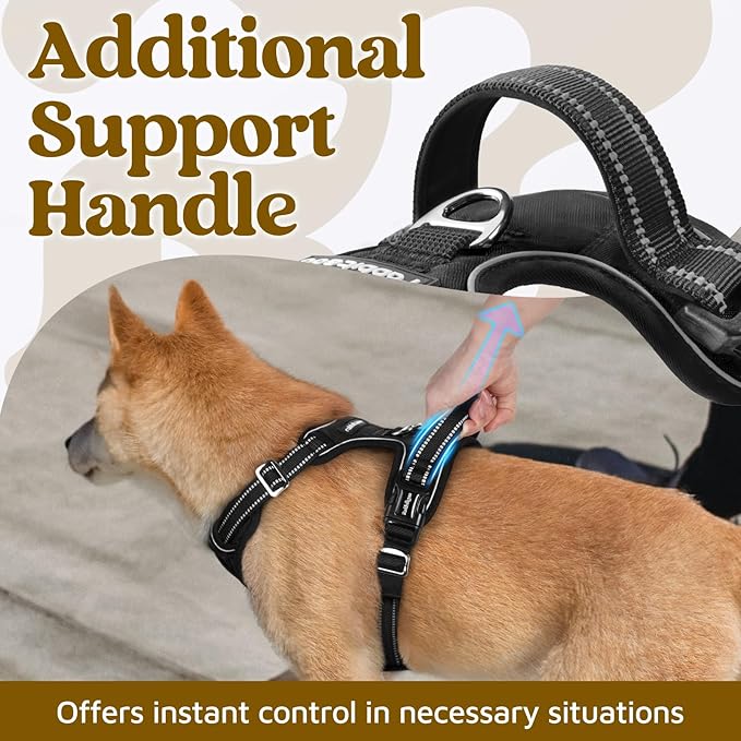 rabbitgoo Dog Harness for Large Dogs, No Pull Pet Vest with 3 Buckles, Adjustable Soft Padded Pet Harness with Easy Control Handle and Reflective Strips, Black, L