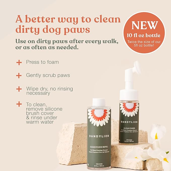 Dandylion Clean Paws Value Set – No‑Rinse Foaming Paw Cleaner with Built‑in Brush + 10 fl oz Refill