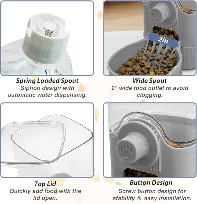 Fhiny Rabbit Food & Water Dispenser, Large Capacity Gravity Guinea Pig Feeder and Waterer Set Hanging Automatic Bunny Feeder for Cage for Bunny Guinea Pig Chinchilla Ferret Cat Puppy