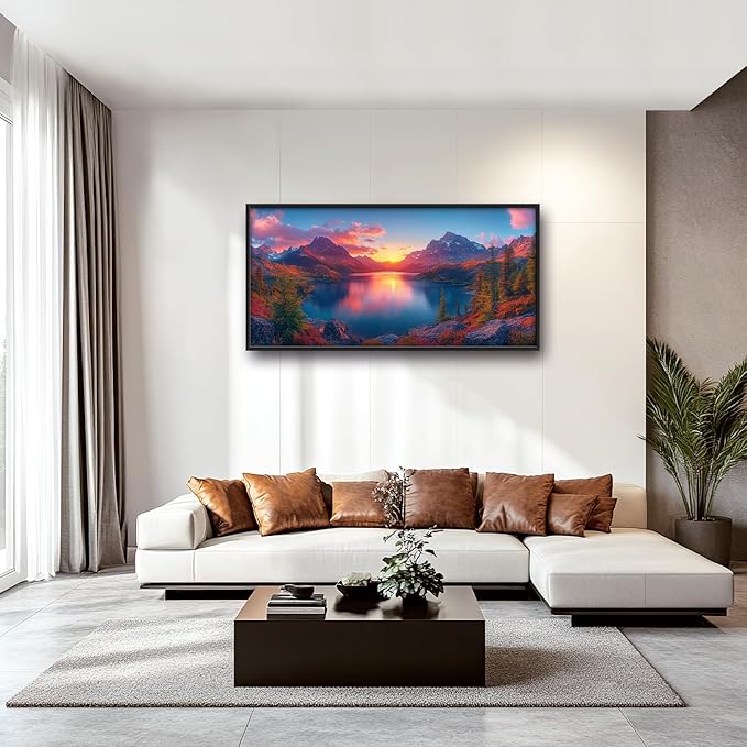 Large Lake Mountain Landscape Wall Art for Living Room, Nature Sunrise Canvas Oversized Wall Decor, River Forest Scenery Framed Pictures Painting Print Artwork for Bedroom Office 60"L x 30"W