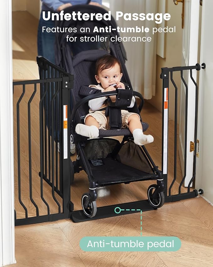 Mom's Choice-GROWNSY Baby Gate for Stairs, 29.5"-48.4" Pressure Mounted Baby Gate for Top of Stair&Doorway with Y-Spindle Rods, Anti-Trip Pedal, Wide Stairs Dog Gate Easy Install w/Red Reminder,Black