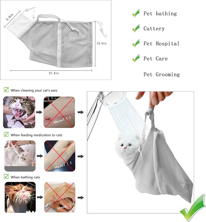 Anti-Scratch Silicone cat Shoes,Cat Claw Covers,Adjustable Multifunctional Anti-Bite Shower net Bag，Cat Grooming Mesh Bag,Cat Bathing Bag(Grey-2)
