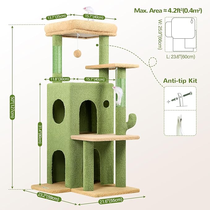 Globlazer Cactus Cat Tree Tower for Indoor Cats, 50-inch Adult Cat Tree House for Large Adult Cats with Steps, Scratching Post, 2 Cat Caves, Dangling Toys, FC50, Green