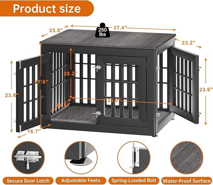 38" Heavy Duty Dog Crate Furniture for Small,Medium and Large Dogs,Rustic Wooden Dog Cage Kennel Indoor Furniture with Waterproof Top,Decorative Pet House Side End Table (Black & Grey)