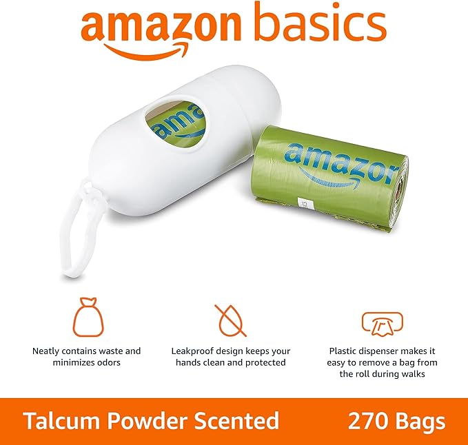 Amazon Basics Dog Poop Bags with Dispenser, 270 Count, Enhanced for Guaranteed Leakproof, Talcum Powder Scented, Includes Leash Clip