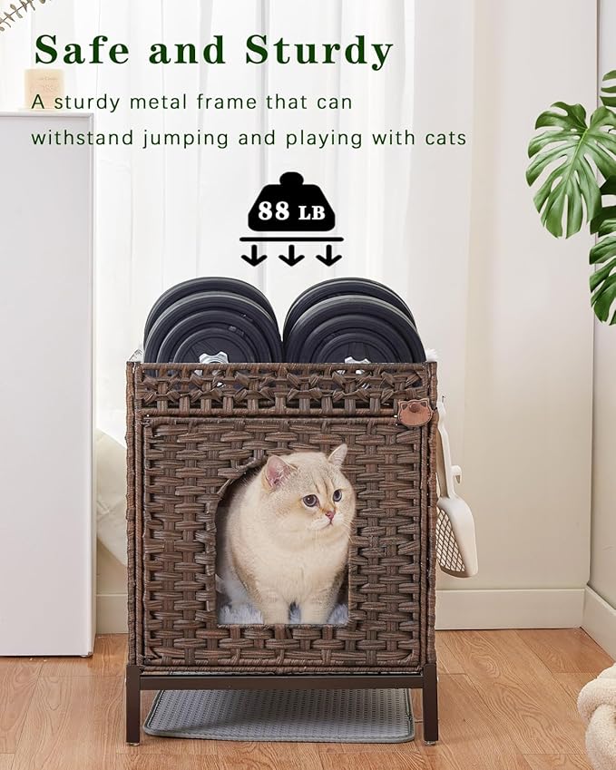 Cat Litter Box Enclosure Hidden Litter Box Furniture with Metal Heightened Feet, Rattan Handwoven Cat House with Litter Mat, Hidden Litter Box Furniture for Bedroom Living Room Brown
