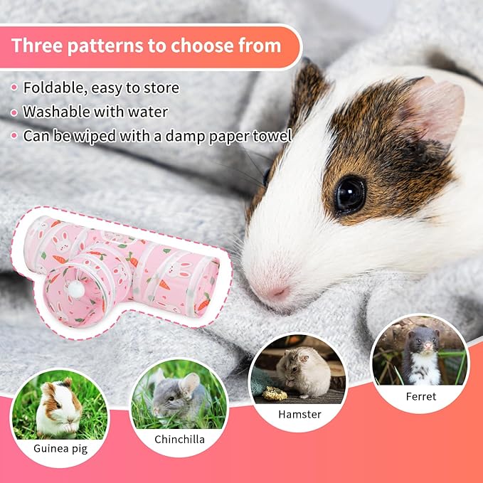 Rypet Guinea Pig Tunnel 3 Way Collapsible Small Pet Tunnels and Tubes with Interactive Ball for Baby Rabbit Ferret Hamster Chinchilla Hedgehog Hiding and Resting-Pink