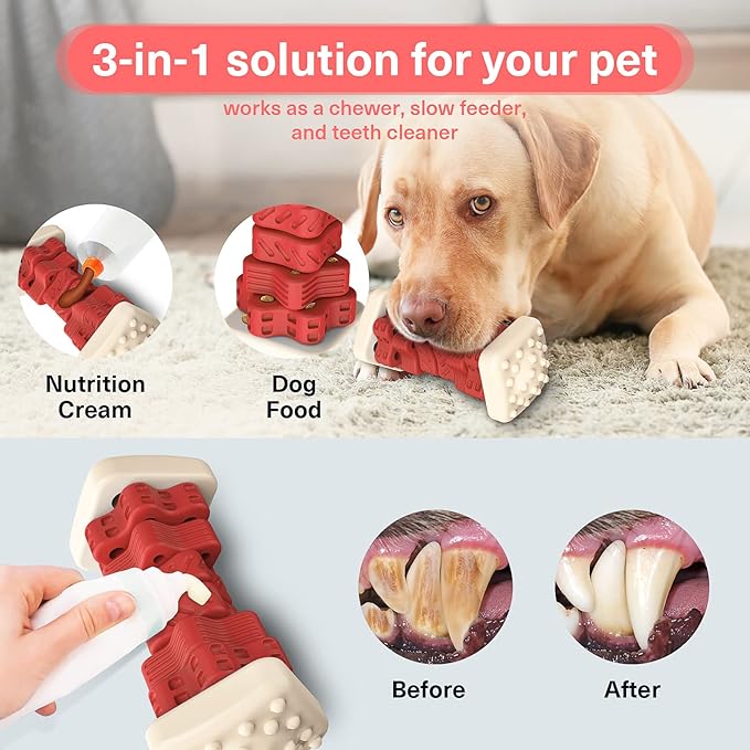 PcEoTllar Dog Toys for Aggressive Chewers, Indestructible Dog Chew Toys, Safe Rubber, for Large Medium Small Dogs - Red -M