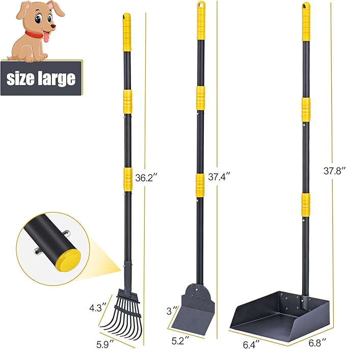 Niubya Pooper Scooper for Dogs, Metal Poop Scooper Tray Spade and Rake Set, Poop Scoop with Adjustable Long Handle, Dog Pooper Scooper for Pet Waste Removal