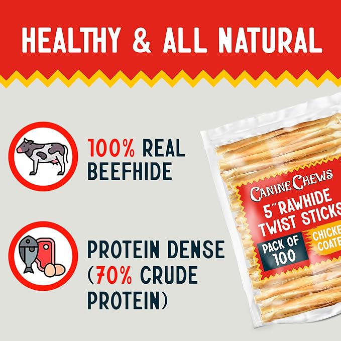 Canine Chews 5" Chicken Coated Sticks - Pack of 100 Chicken Wrapped Rawhide Dog Treats - 100% Real USA-Sourced Chicken Coating - Protein-Dense Chicken Wrapped Dog Treats Rawhide Chews