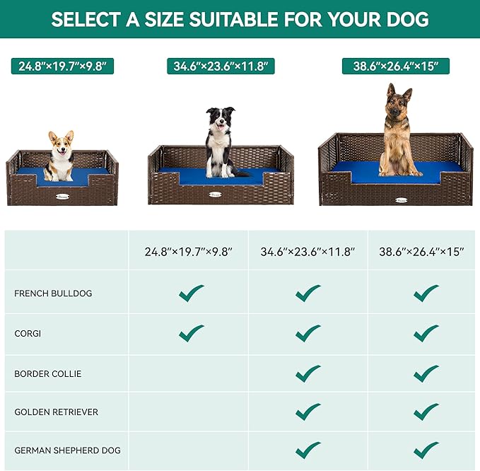 YITAHOME Rattan Dog Sofa Bed with Cushion,Wicker Pet Bed Sofa Couch Indoor Outdoor Water Unaffected for Large Medium Small Dogs Cats (24.8''L*19.7''W*9.8'',Blue)