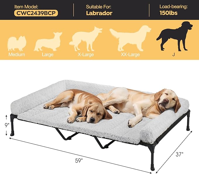 Veehoo Cooling Elevated Dog Bed Add Removable Deluxe Rose Plush Bolster Cushion Mat, 59" x 37" Washable Dog Couch Bed, Raised Pet Cot with Breathable Teslin Mesh, No-Slip Feet, Grey, CWC2439B