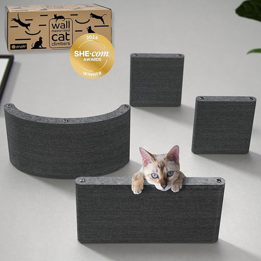 Wall Mounted Cat Shelves (Set of 4) by Pryde Pets - 100% Sustainable PET Felt Feline Enrichment Climber Furniture for Small & Large Indoor Cats, Modern Climbing Gym Jungle Design (Charcoal)