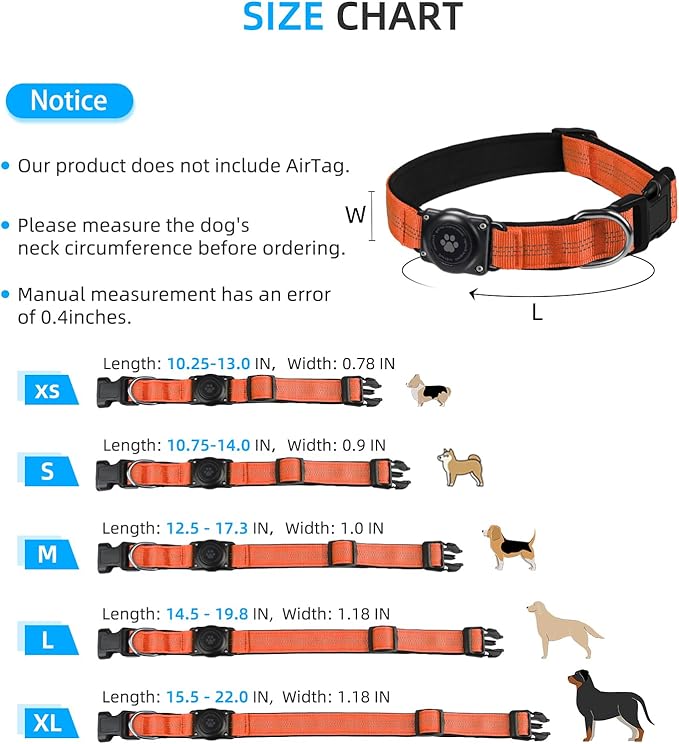 Upgraded AirTag Dog Collar, IP68 Waterproof Air Tag Dog Collar Holder, Reflective, Ultra-Durable, Comfortable Padded, Heavy Duty Dog Collars for Small Medium Large Dogs (XS (10.25"-13"), Orange)