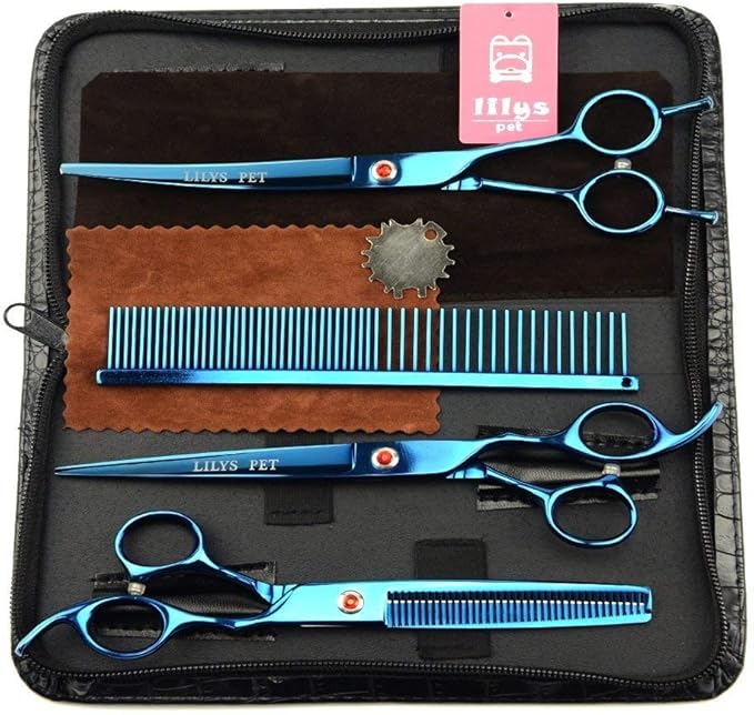 LILYS PET Professional PET Grooming Scissors Kit,Coated Titanium,Sharp and Strong Stainless Steel Blade for Dogs Cats Hair Cutting,3 Pieces of Scissors with a Comb and a Case (8.0 inches, Blue)
