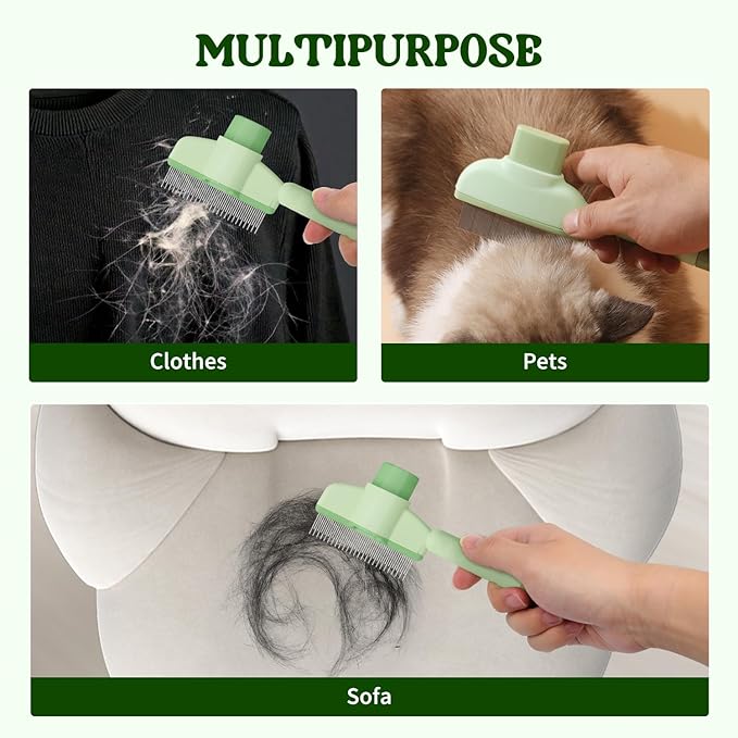 Pet Hair Removal Comb Flea Comb, 2025 New Cat Grooming Brush with Release Button, De-Shedding Cat Brush for Short and Long Hair Cats (Green)