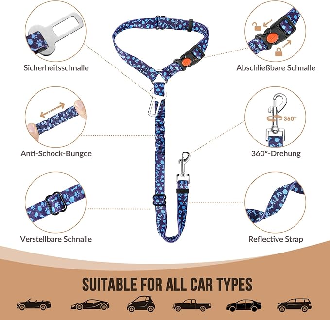 SlowTon Dog Seat Belt for Car, 2 Pack Dog Car Harness Seatbelt Adjustable with Elastic Bungee Buffer, 2 in 1 Pet Car Leash Headrest Restraint Dog Reflective Safety Tether (S, Blue, Headrest+Clip)