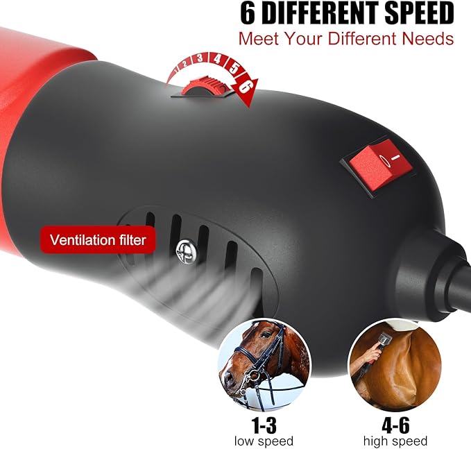 Horse Clippers,600W Professional Electric Horse Grooming Kit, Shaving Equine Clippers for Horses Goat Cattle Large Thick Coat Animals,6 Speeds Heavy Duty Farm Livestock Haircut Trimmer
