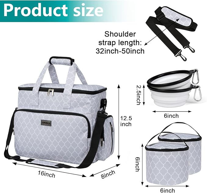BAGLHER Dog Travel Bag, Pet Travel Bag (ALL Pet Travel Supplies), With 2 Pet Food Containers and 2 Collapsible Silicone Bowls; Essential Kits for Pet Travel DLwhite