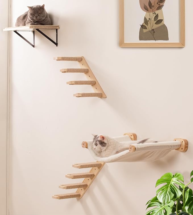 Cat Wall Hammock Shelves, Dual-Sided Cat Bed with Canvas & Plush Fabric, Wall Mounted Shelf for Large Cats, Space-Saving Perch for Lounging & Napping