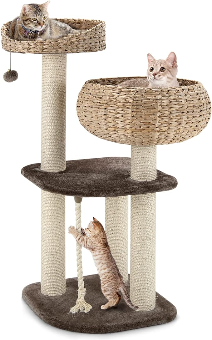 Tangkula Modern Cat Tree for Indoor Cats, Small/Tall Cat Tower with Natural Sisal Scratching Post, Hand-Made Wicker Cat Condo & Top Perch, Funny Hanging Toy Ball, Cute Cat Tree Tower for Large Cats