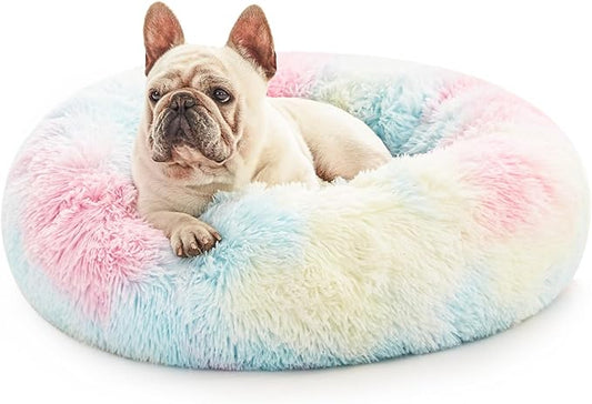 Love's cabin Calming Cat Bed for Indoor Cats,Anti-Anxiety Donut Round Dog Bed,Fluffy Faux Fur Washable Pet Bed for Small Medium Dogs and Cats,Rainbow,20in