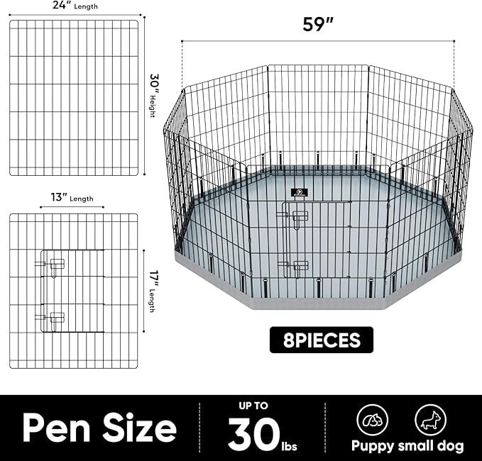 PJYuCien Dog Playpen, 8 Panels 30’’H Dog Pens Indoor with Bottom Pad, Metal Foldable Pet Puppy Exercise Fence Crate Kennel, Better for Small Animals,Grey