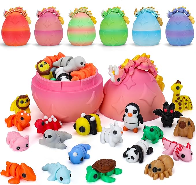 Mini 3D Printed Animals with Dragon Eggs Set, 3D Printed Fidget Toys, Small Articulated Animal Figures Pocket Pets Bulk, Desk Ornament Party Favors (Animal Family)