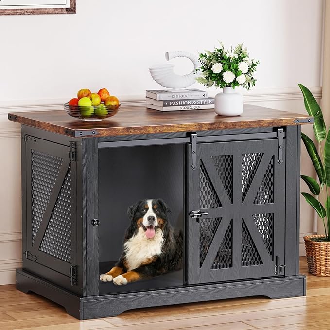 VOPEAK 40" Farmhouse Dog Crate Furniture, Heavy Duty Dog Cage for Medium Large Dogs, Dog Crate Dog Kennel Indoor with Double Doors, Chew Resistant End Table for Bedroom Living Room, Black