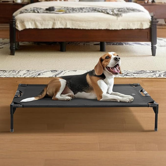 Petsfit Elevated Raised Outdoor Dog Bed - Cooling Elevated Dog Cot, Upgraded Adjustable Firmness Pet Bed，Pet Hammock Bed with Chew Proof Breathable Teslin Mesh，Non Slip, Black 42”