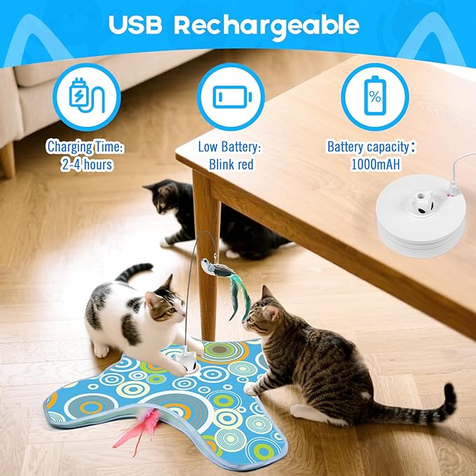 VIWIK Hide and Seek Toys for Indoor Adult Cats with Suction Cup & Cover, Interactive Automatic Moving Concealed Feather Kitten Wand Bird Toy, Cat Enrichment Toys for All Breeds Blue