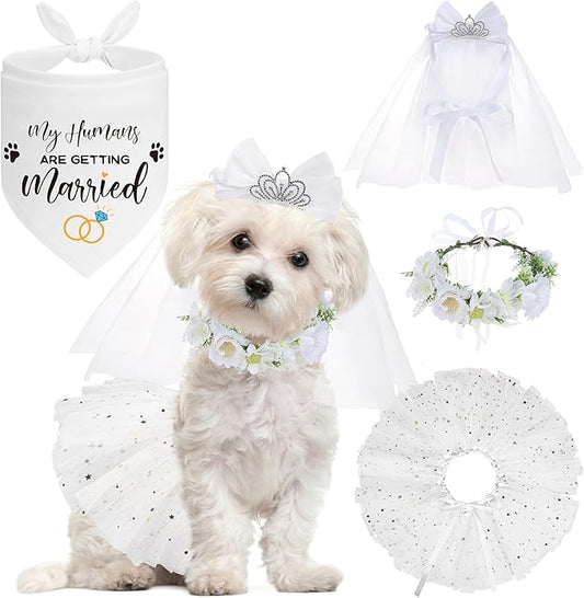 SCENEREAL Dog Bandanas Dress Set for Small Dogs, Dogs Wedding Outfit with Flower Collar Veil, Puppy Party Supplies Pet Tutu Skirt Costume