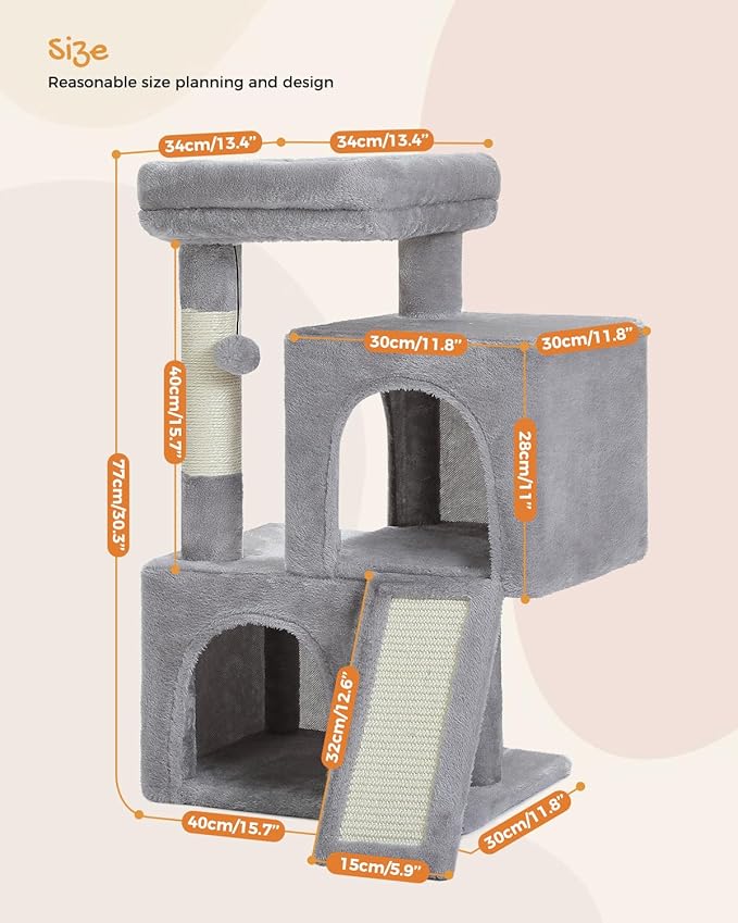 PAWZ Road Cat Tree, 30 Inches Cat Tower with Dual Condos for Indoor Cats, Plush Cat House with Padded Perch, Scratching Ramp and Posts and Replaceable Balls-Gray